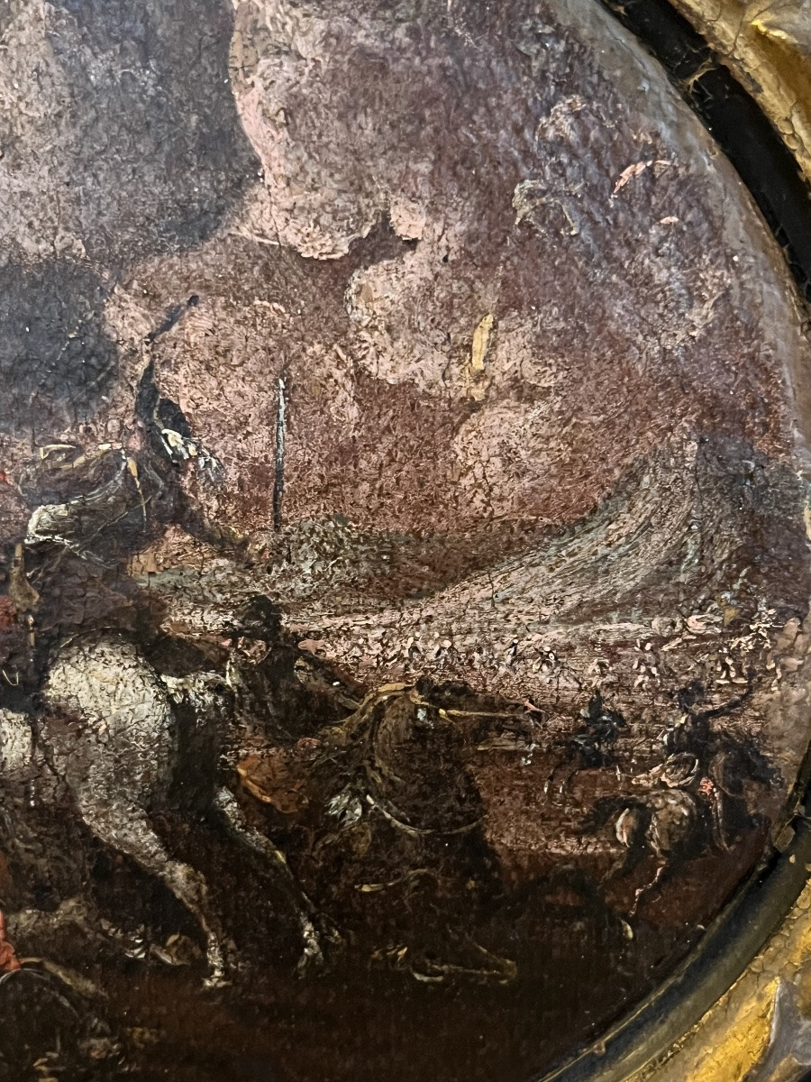 Tondo, huile sur toile collée sur un cadre, XVII eme. Scène de bataille.-photo-3