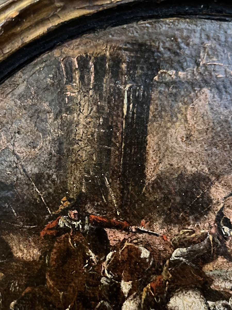 Tondo, huile sur toile collée sur un cadre, XVII eme. Scène de bataille.-photo-4