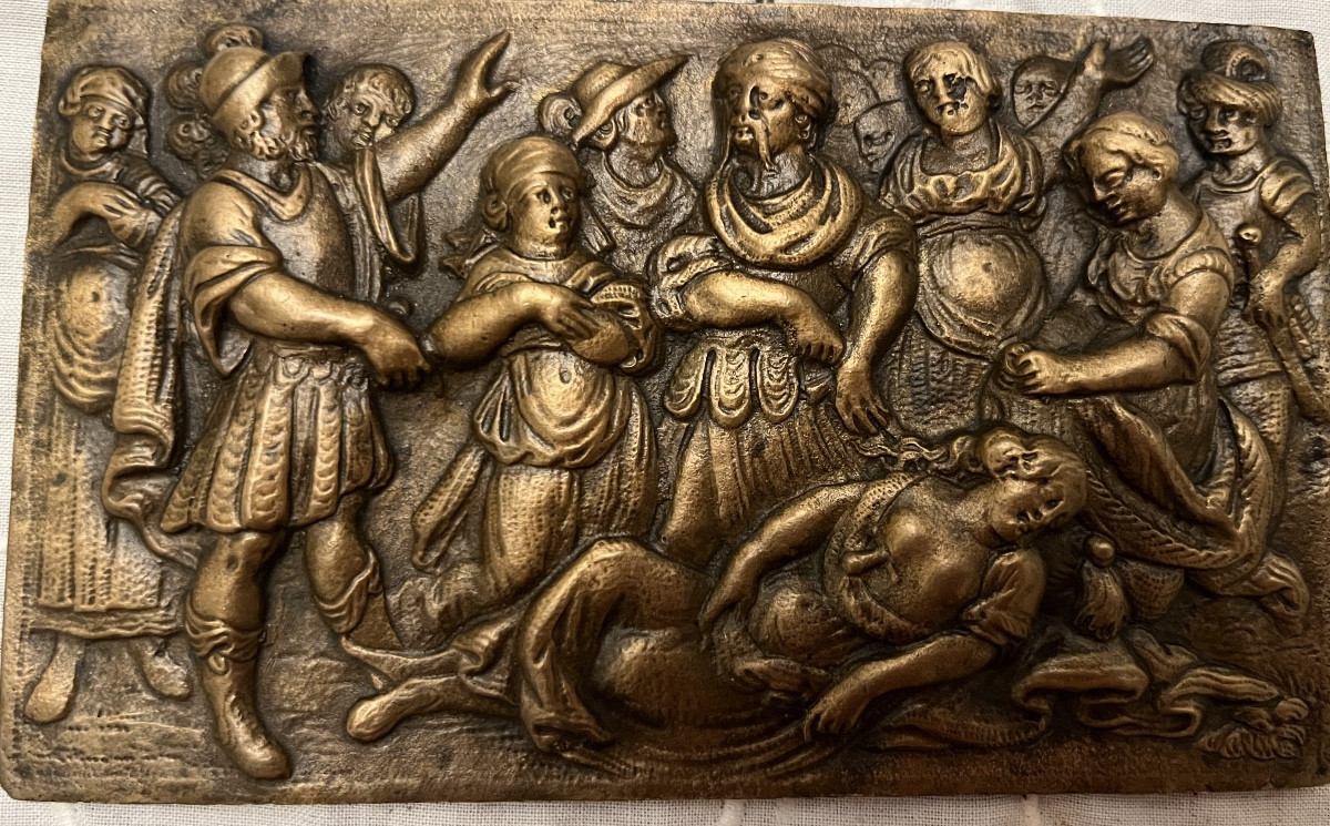 Plaquette en bronze XVII eme. Mort d’une reine antique.