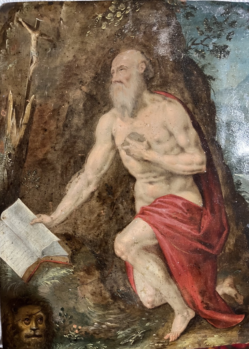 Plaque en cuivre, St Jérôme en prière, fin XVII eme. France.