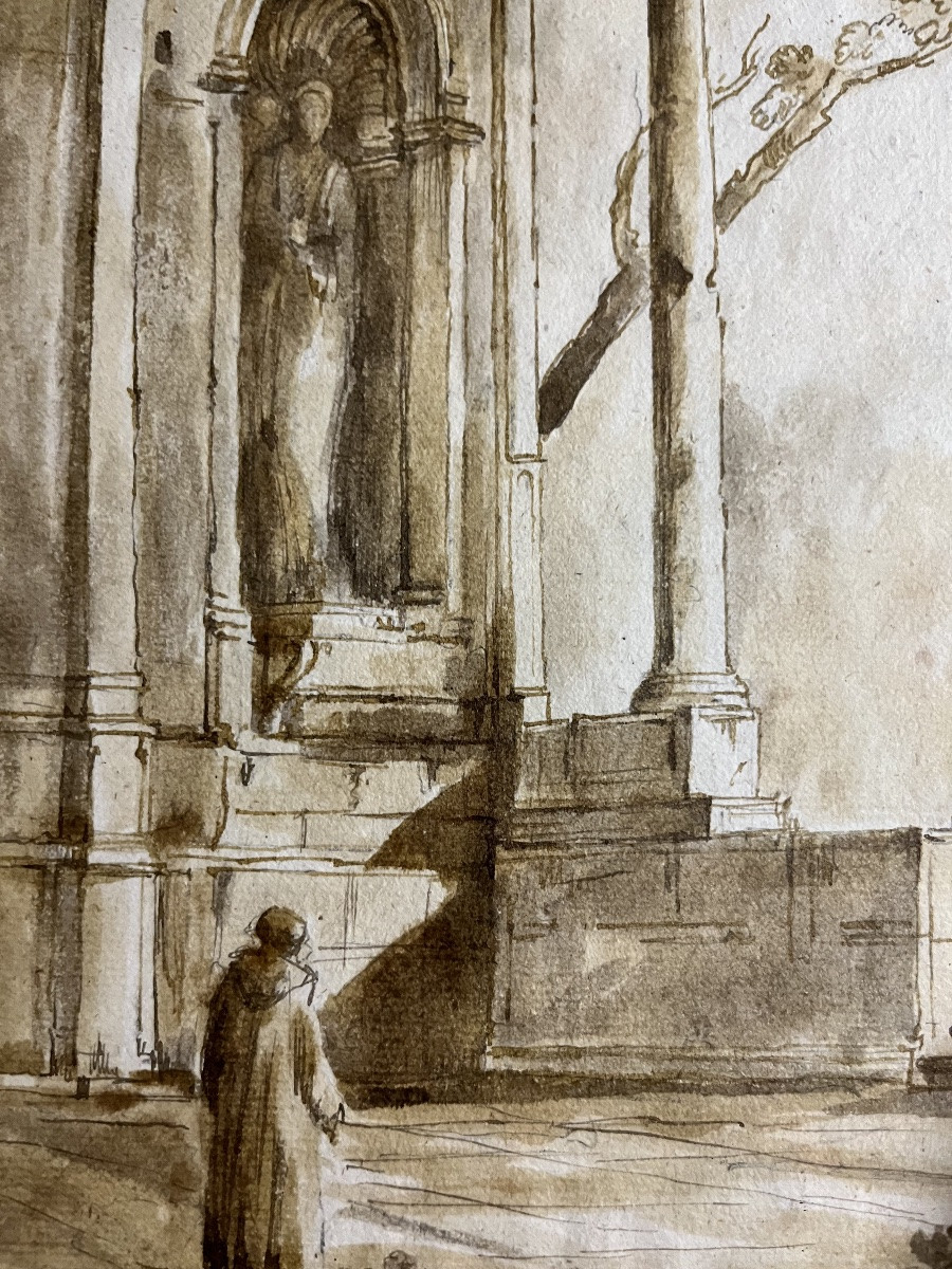 Dessin XVIII eme, ruines romaines animées. Cadre 18 eme.-photo-2