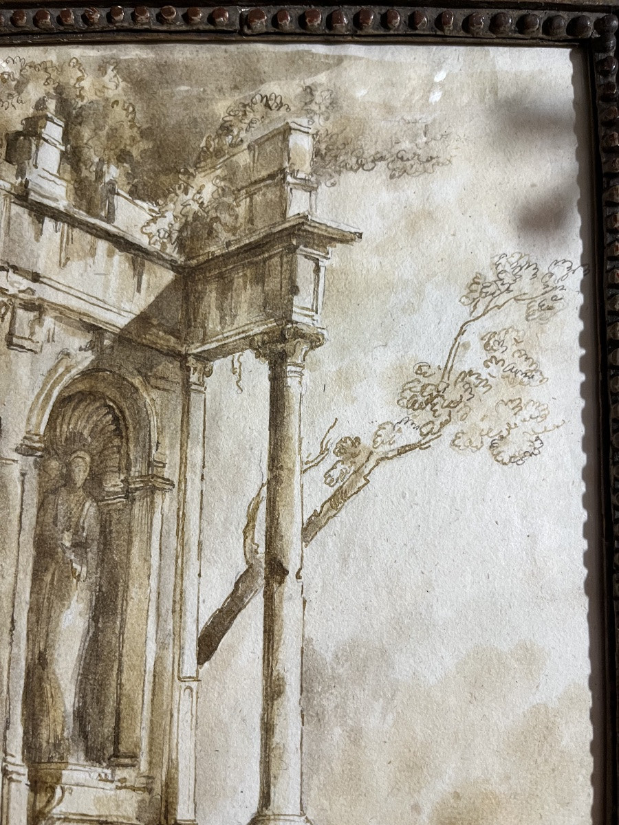 Dessin XVIII eme, ruines romaines animées. Cadre 18 eme.-photo-3