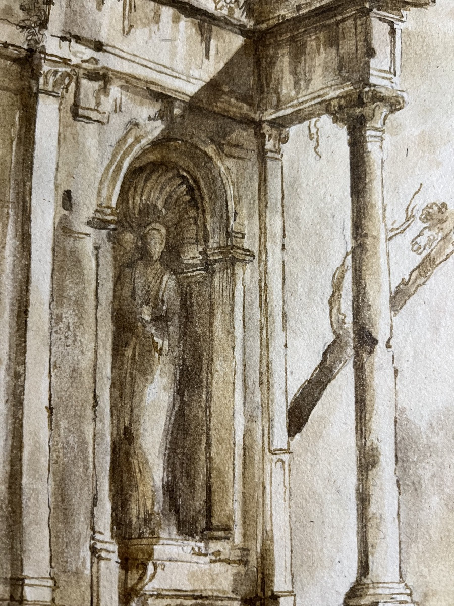 Dessin XVIII eme, ruines romaines animées. Cadre 18 eme.-photo-4