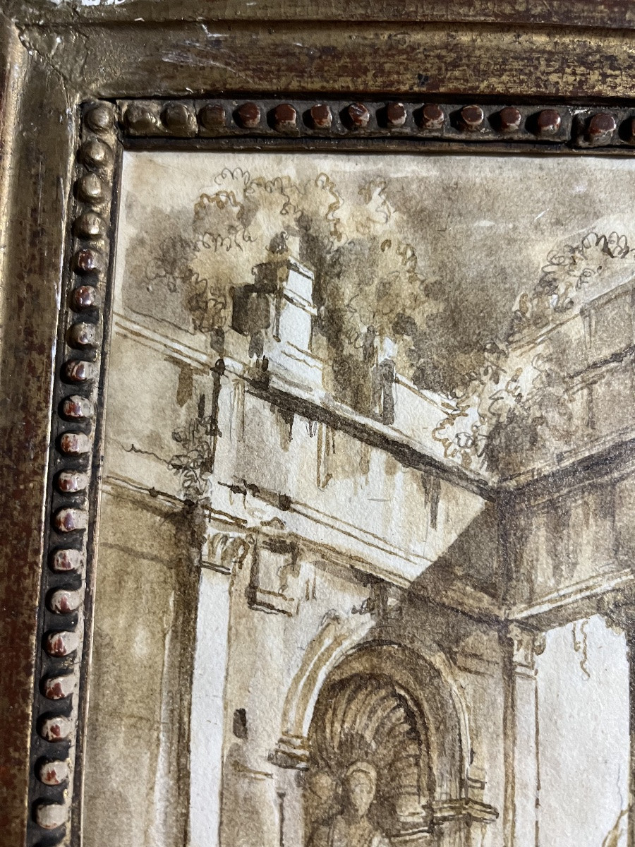 Dessin XVIII eme, ruines romaines animées. Cadre 18 eme.-photo-2