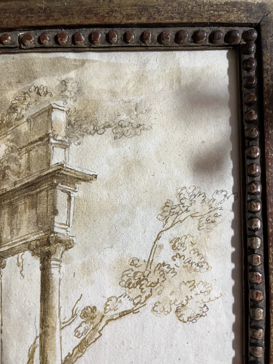 Dessin XVIII eme, ruines romaines animées. Cadre 18 eme.-photo-3