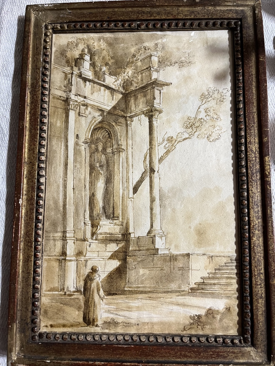 Dessin XVIII eme, ruines romaines animées. Cadre 18 eme.