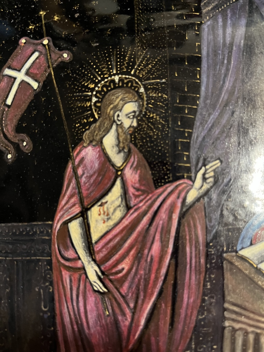 Plaque de Limoges, XVII eme siècle. Le Christ ressuscité, apparaît à la Vierge. -photo-3