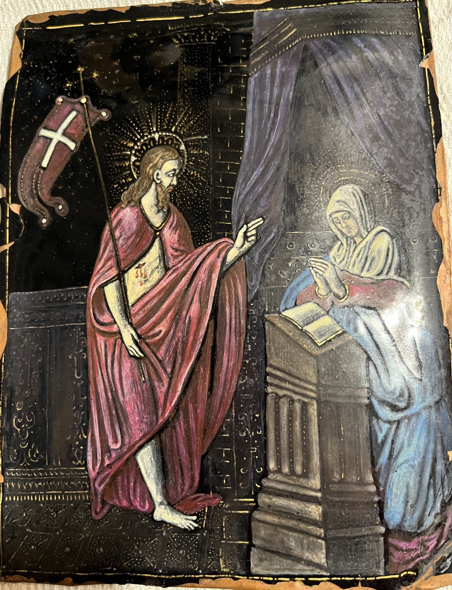 Plaque de Limoges, XVII eme siècle. Le Christ ressuscité, apparaît à la Vierge. 