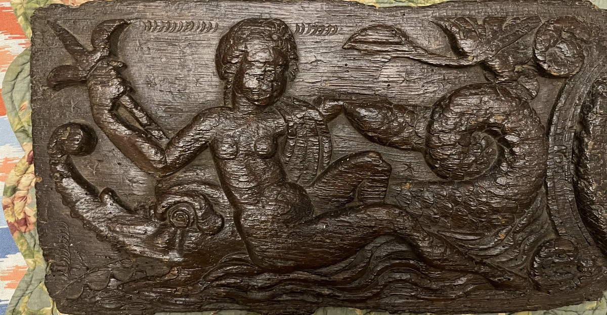 Panneau de chêne sculpté, XVI eme, une déesse  nue allongée sur un monstre marin.-photo-4