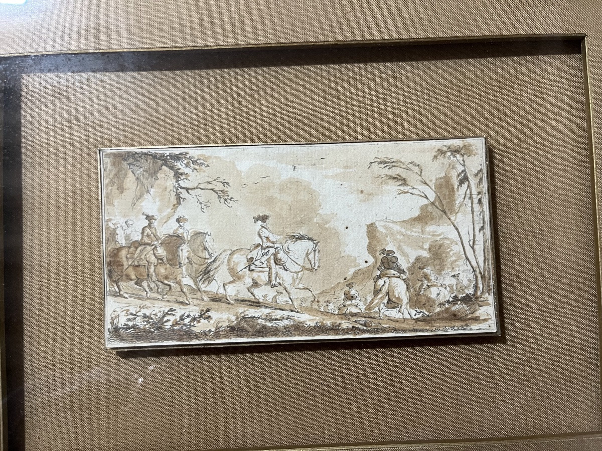 Petit dessin par De La Rue, encre brune, chevauchée.-photo-2