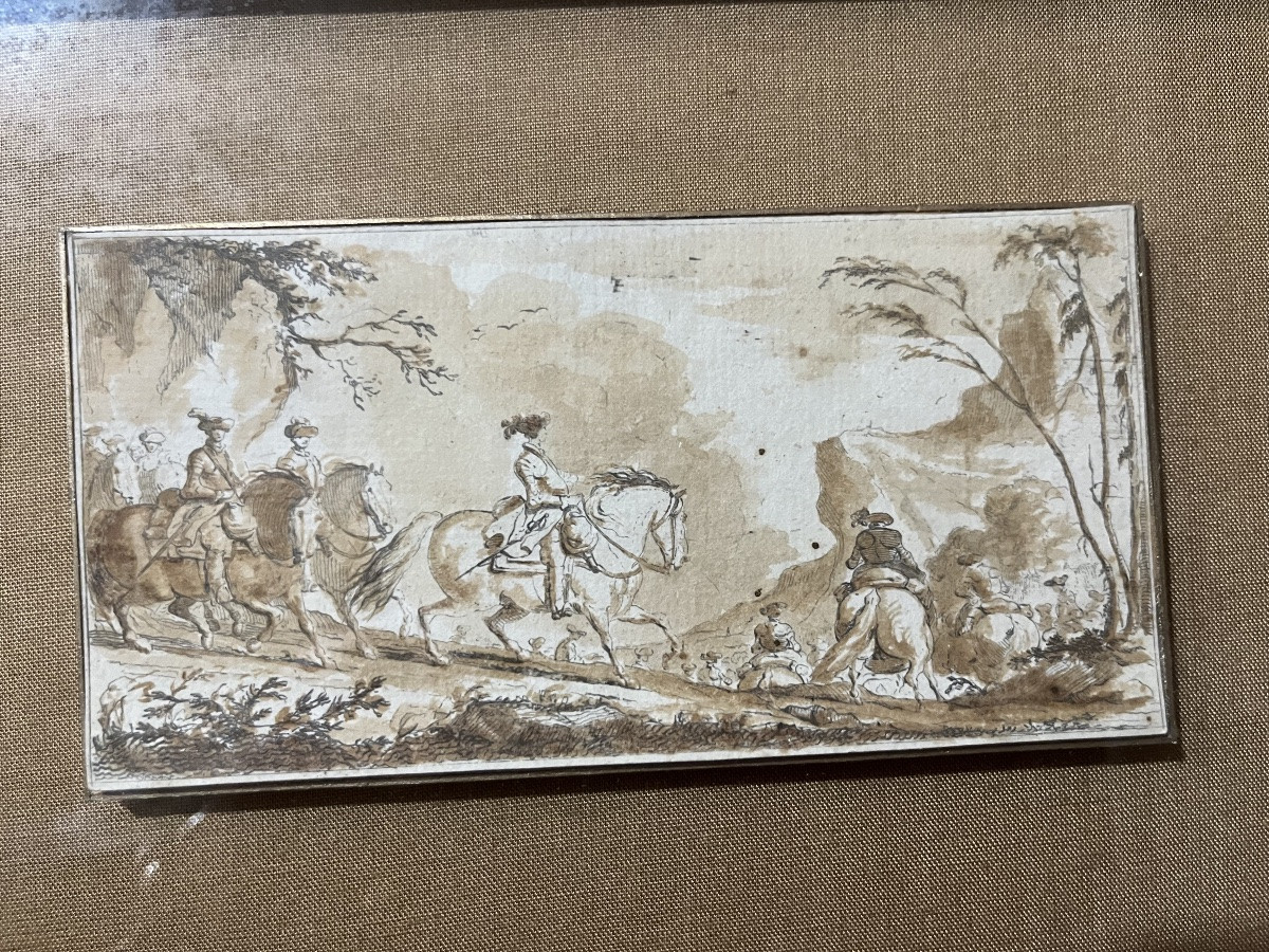 Petit dessin par De La Rue, encre brune, chevauchée.-photo-3