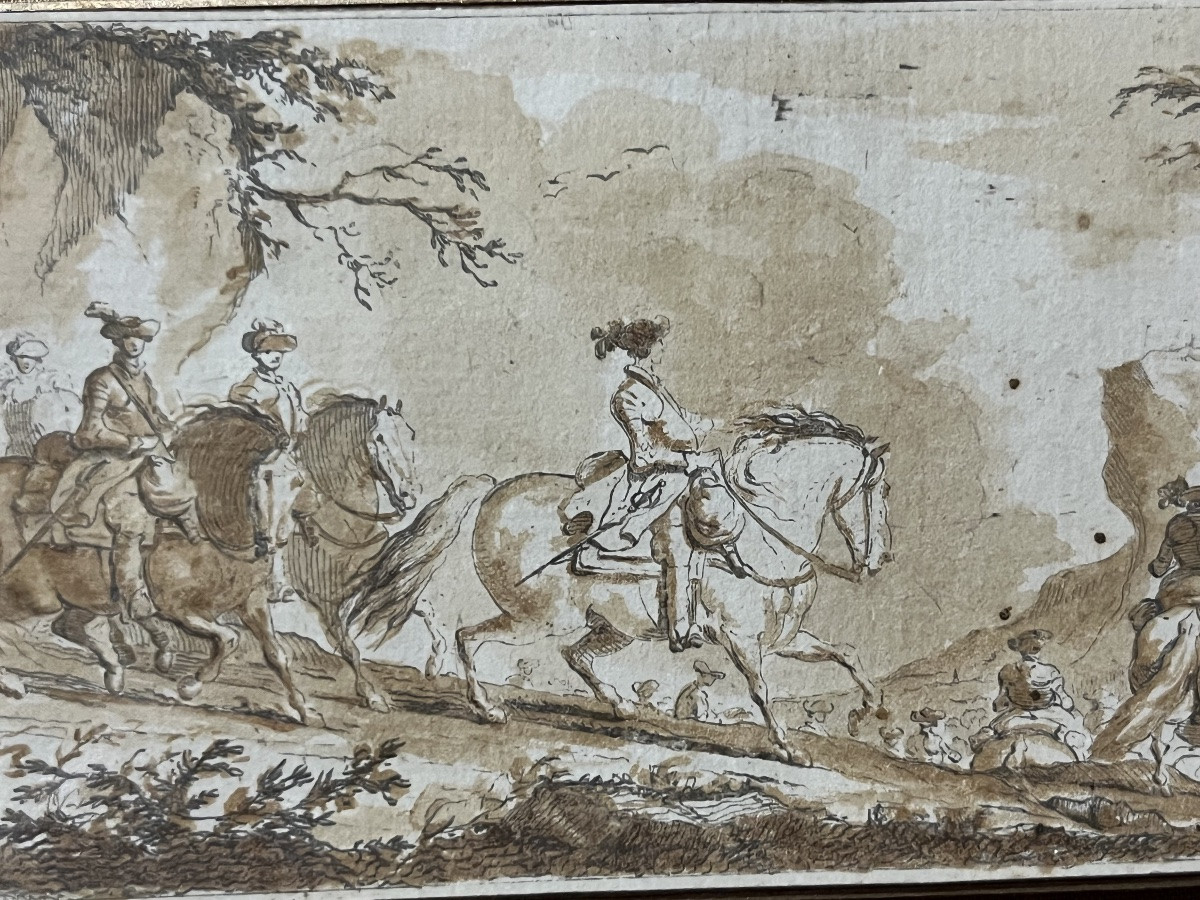 Petit dessin par De La Rue, encre brune, chevauchée.-photo-4