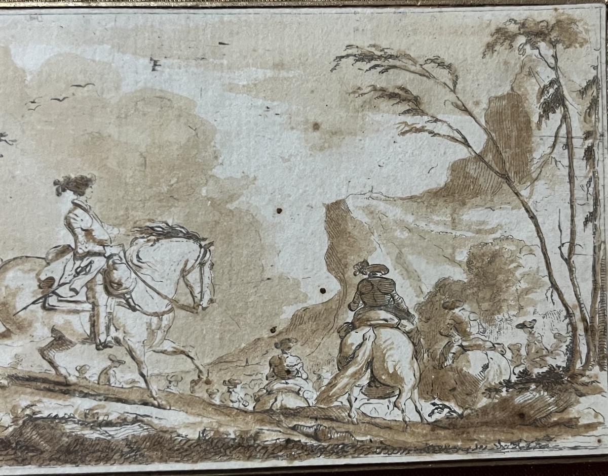 Petit dessin par De La Rue, encre brune, chevauchée.-photo-1