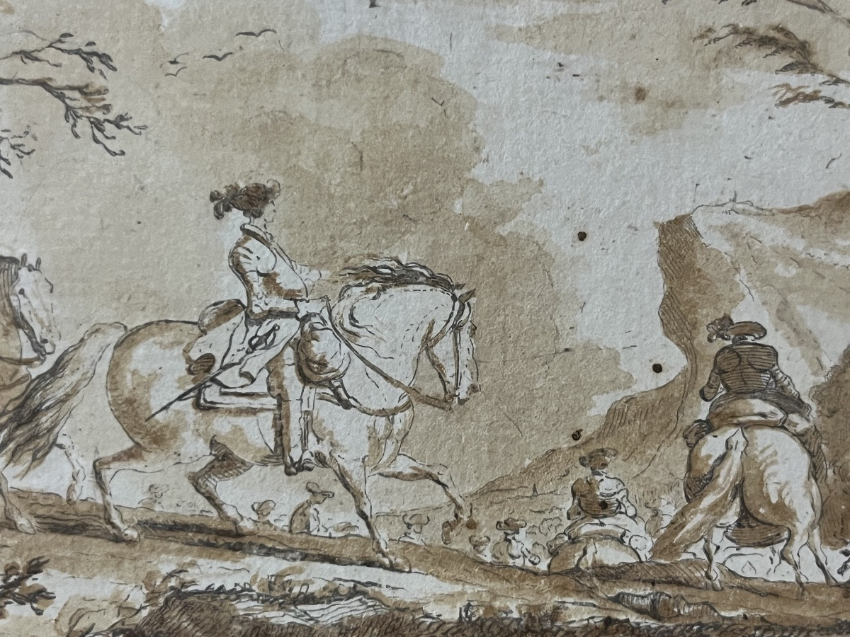 Petit dessin par De La Rue, encre brune, chevauchée.-photo-2