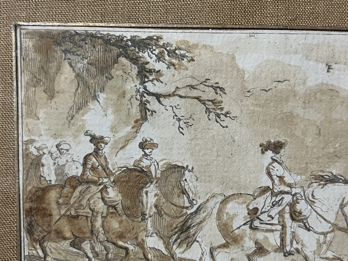 Petit dessin par De La Rue, encre brune, chevauchée.-photo-3