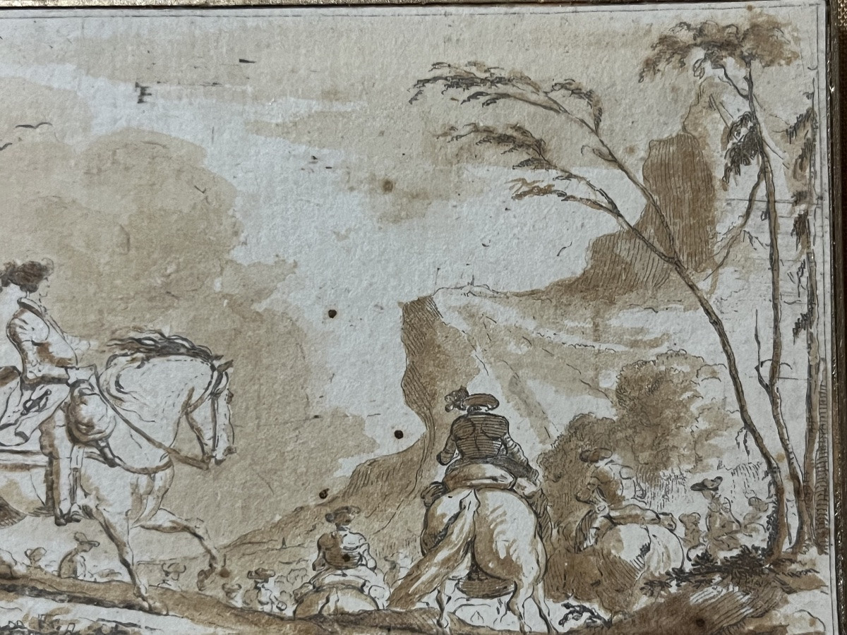 Petit dessin par De La Rue, encre brune, chevauchée.-photo-5