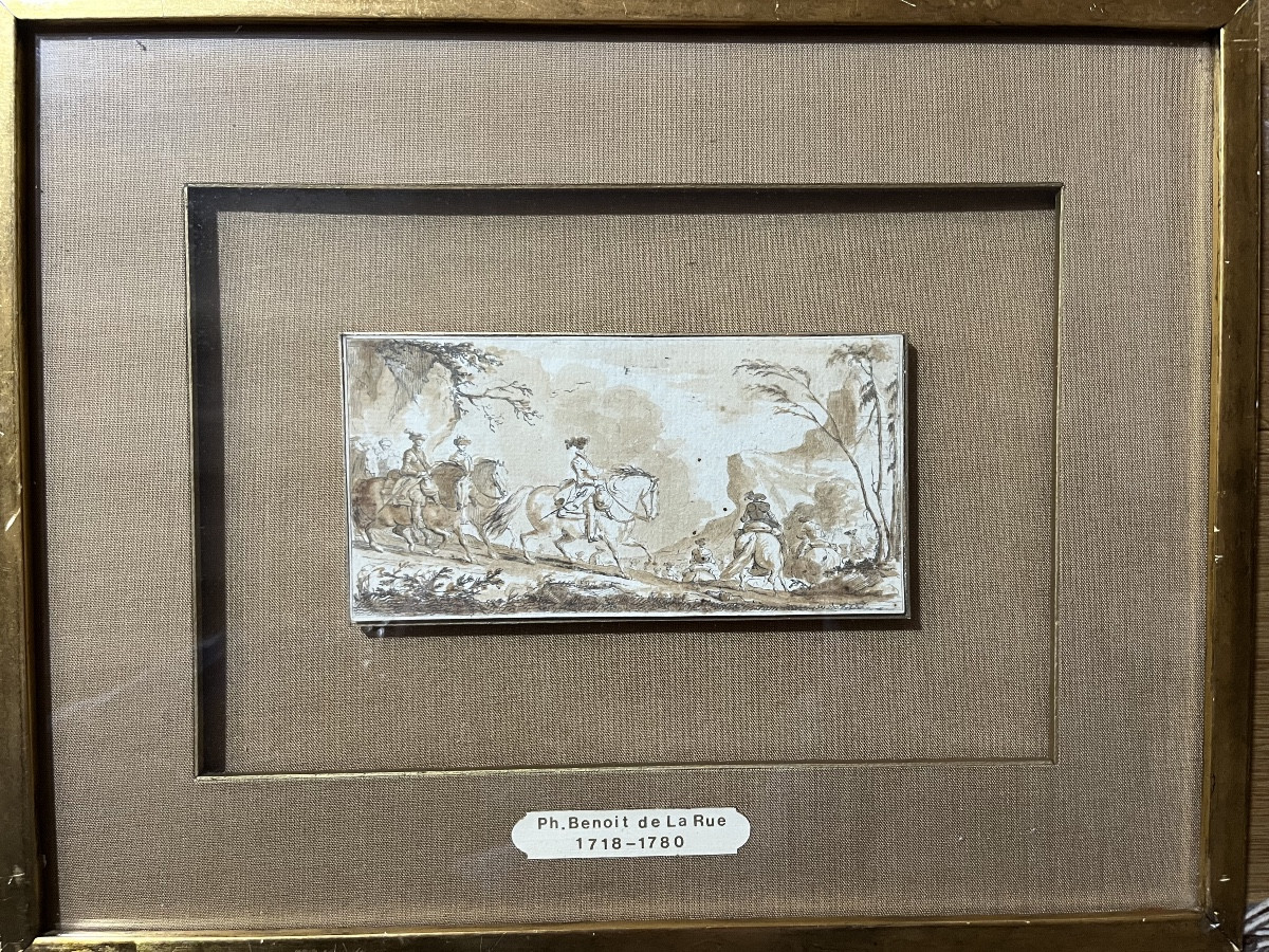 Petit dessin par De La Rue, encre brune, chevauchée.