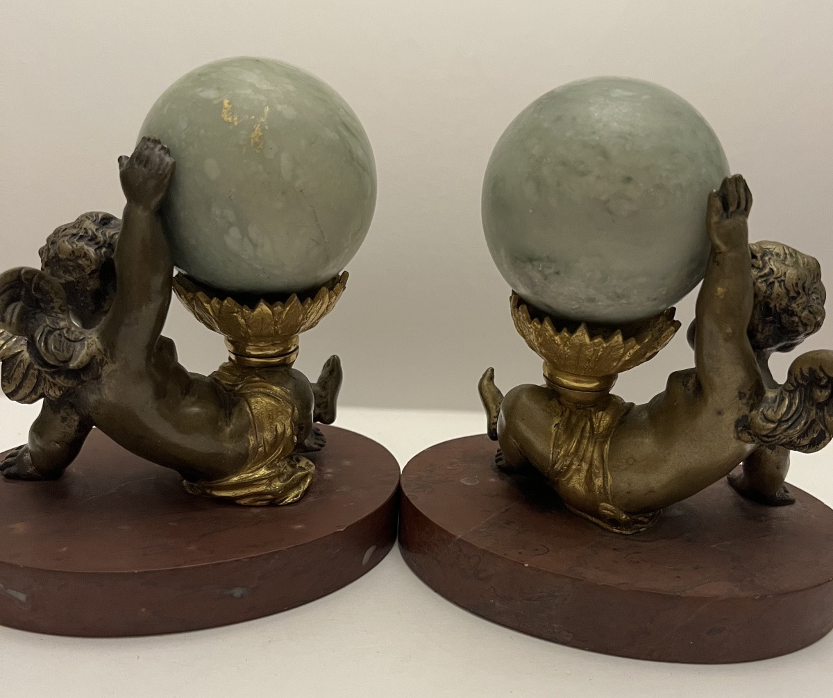 Pair Of Gilt And Patinated Bronze Salt Cellars, Red Marble Bases. 19th Century-photo-8