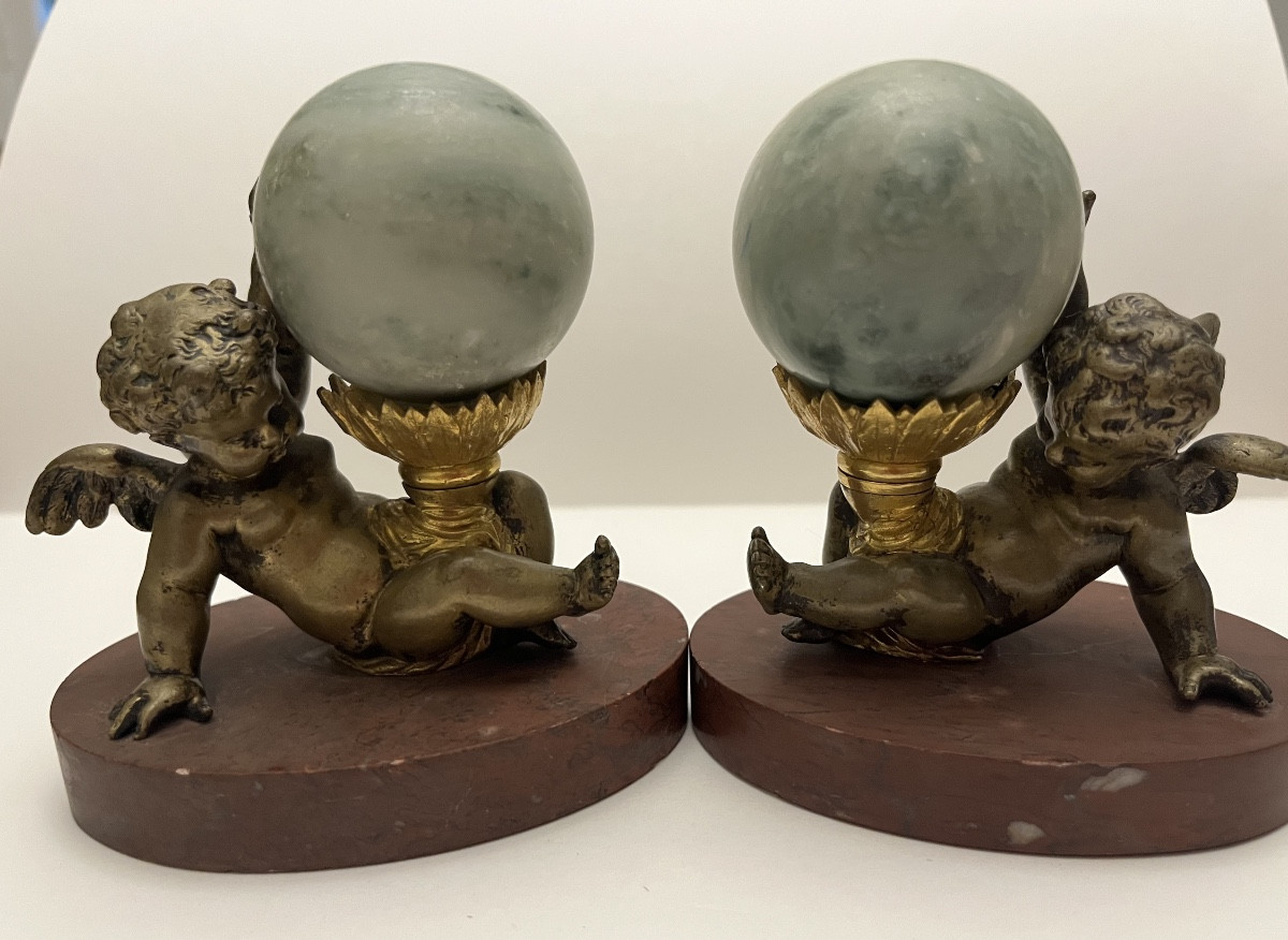 Pair Of Gilt And Patinated Bronze Salt Cellars, Red Marble Bases. 19th Century