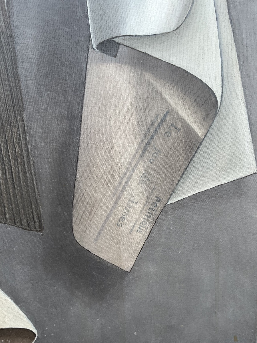 Grande huile sur toile, trompe l’œil , vers 1990, sujet portant sur les cigarettes Gitanes.-photo-3