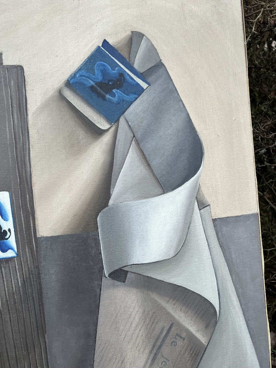 Grande huile sur toile, trompe l’œil , vers 1990, sujet portant sur les cigarettes Gitanes.-photo-4