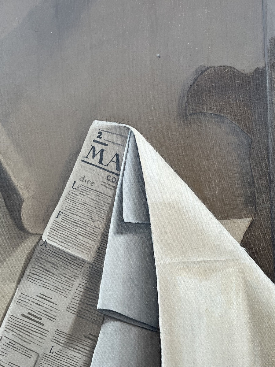 Grande huile sur toile, trompe l’œil , vers 1990, sujet portant sur les cigarettes Gitanes.-photo-1