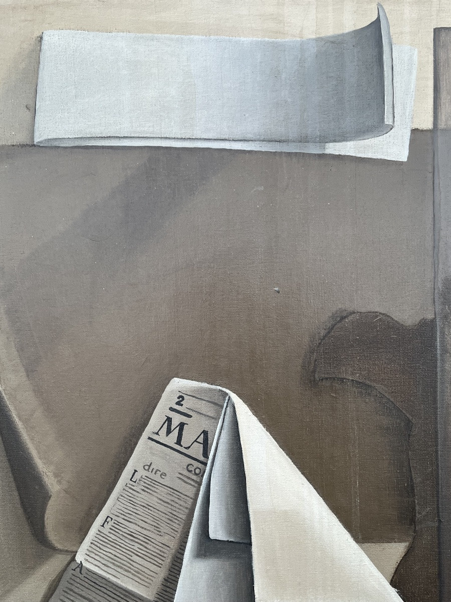 Grande huile sur toile, trompe l’œil , vers 1990, sujet portant sur les cigarettes Gitanes.-photo-3