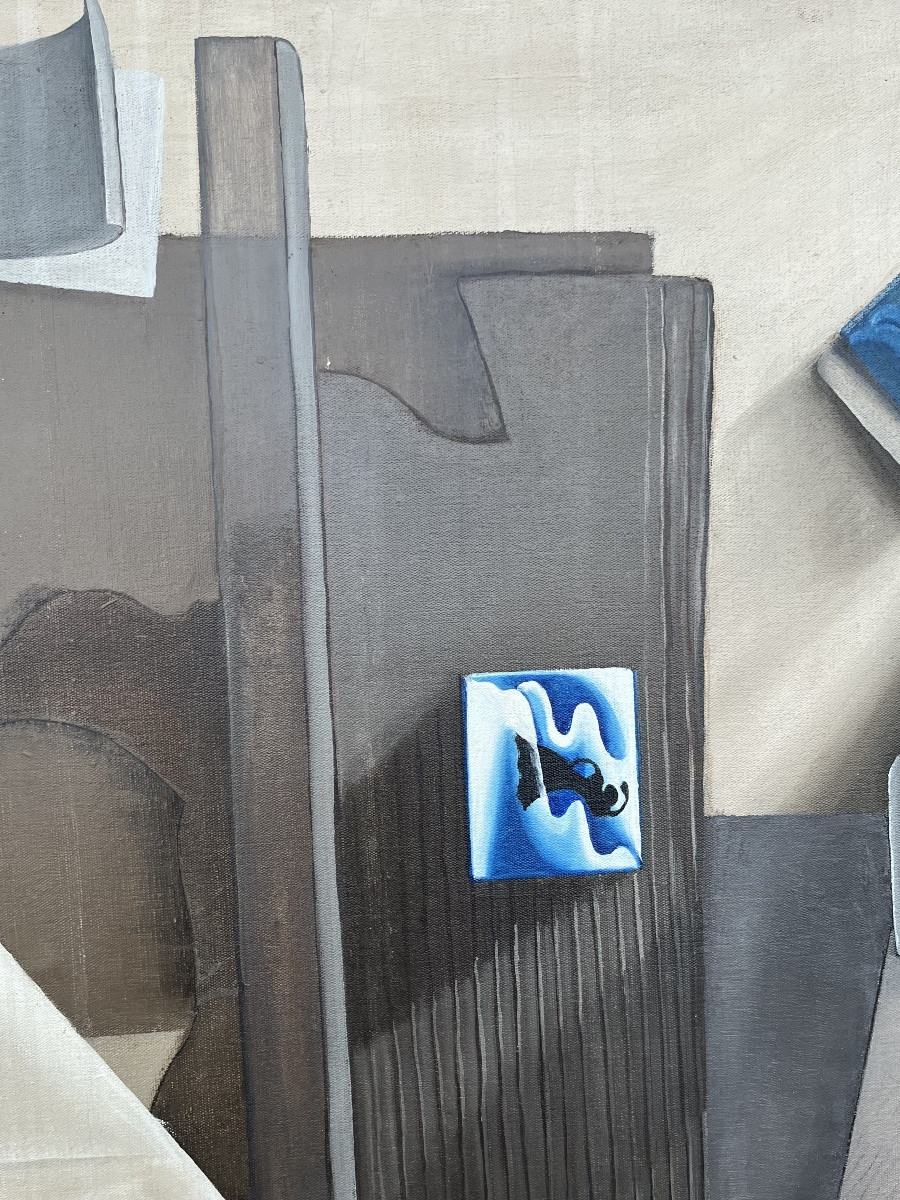 Grande huile sur toile, trompe l’œil , vers 1990, sujet portant sur les cigarettes Gitanes.-photo-5