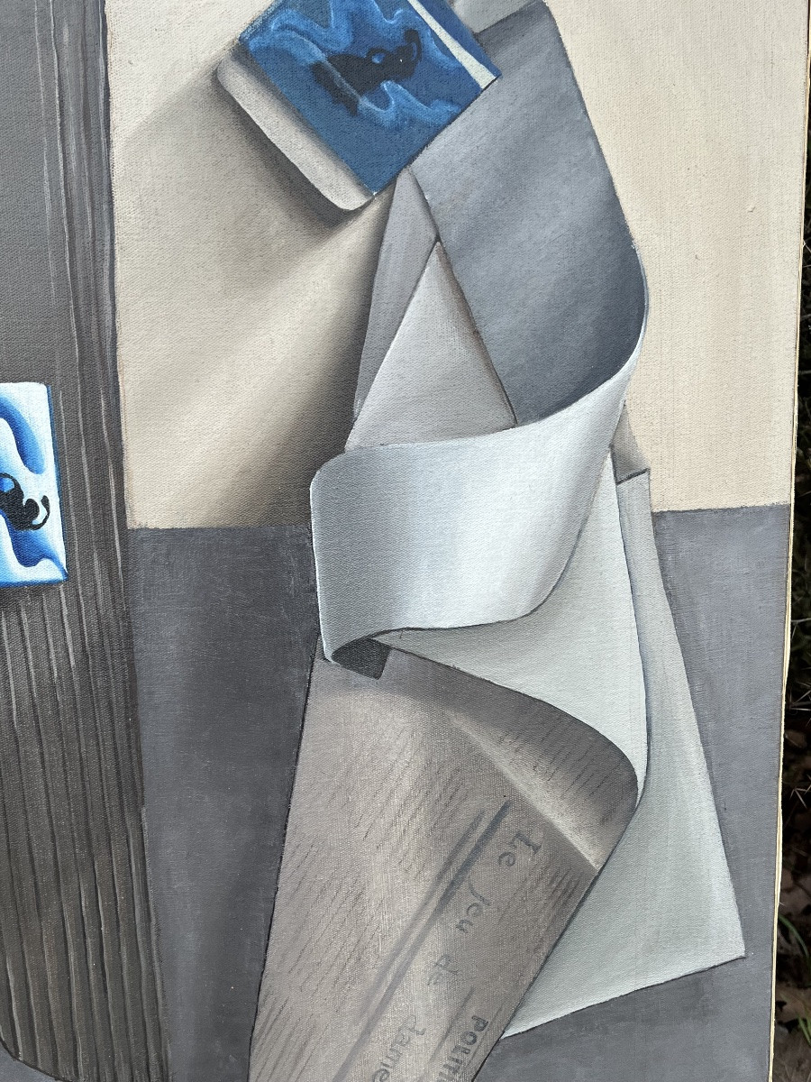 Grande huile sur toile, trompe l’œil , vers 1990, sujet portant sur les cigarettes Gitanes.-photo-6