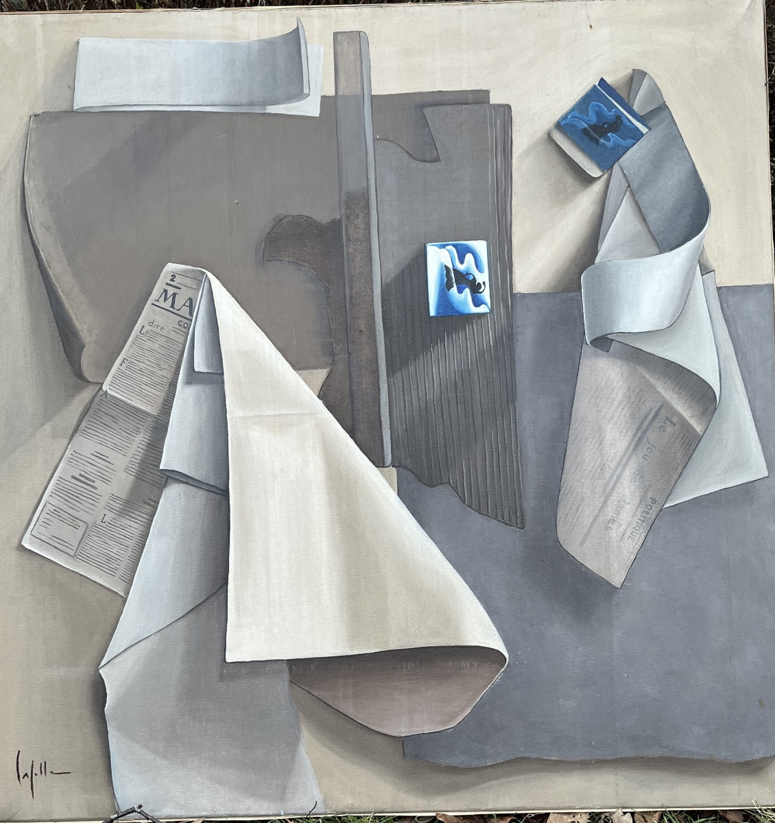 Grande huile sur toile, trompe l’œil , vers 1990, sujet portant sur les cigarettes Gitanes.