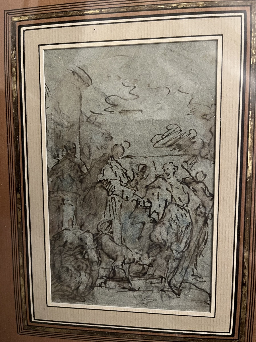 Italian Drawing, Brown Pen, Venice 17th Century. Religious Scene.-photo-1