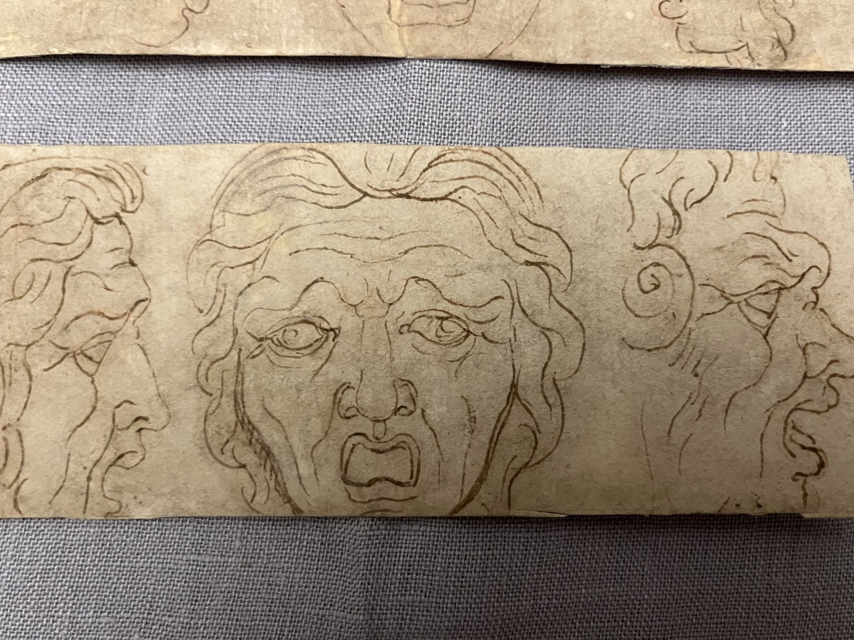 Two Studies Of Grotesque Heads, Brown Pen, 16th Or Early 17th Centuries. Italy.-photo-2