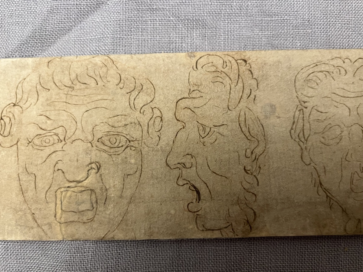 Two Studies Of Grotesque Heads, Brown Pen, 16th Or Early 17th Centuries. Italy.-photo-1