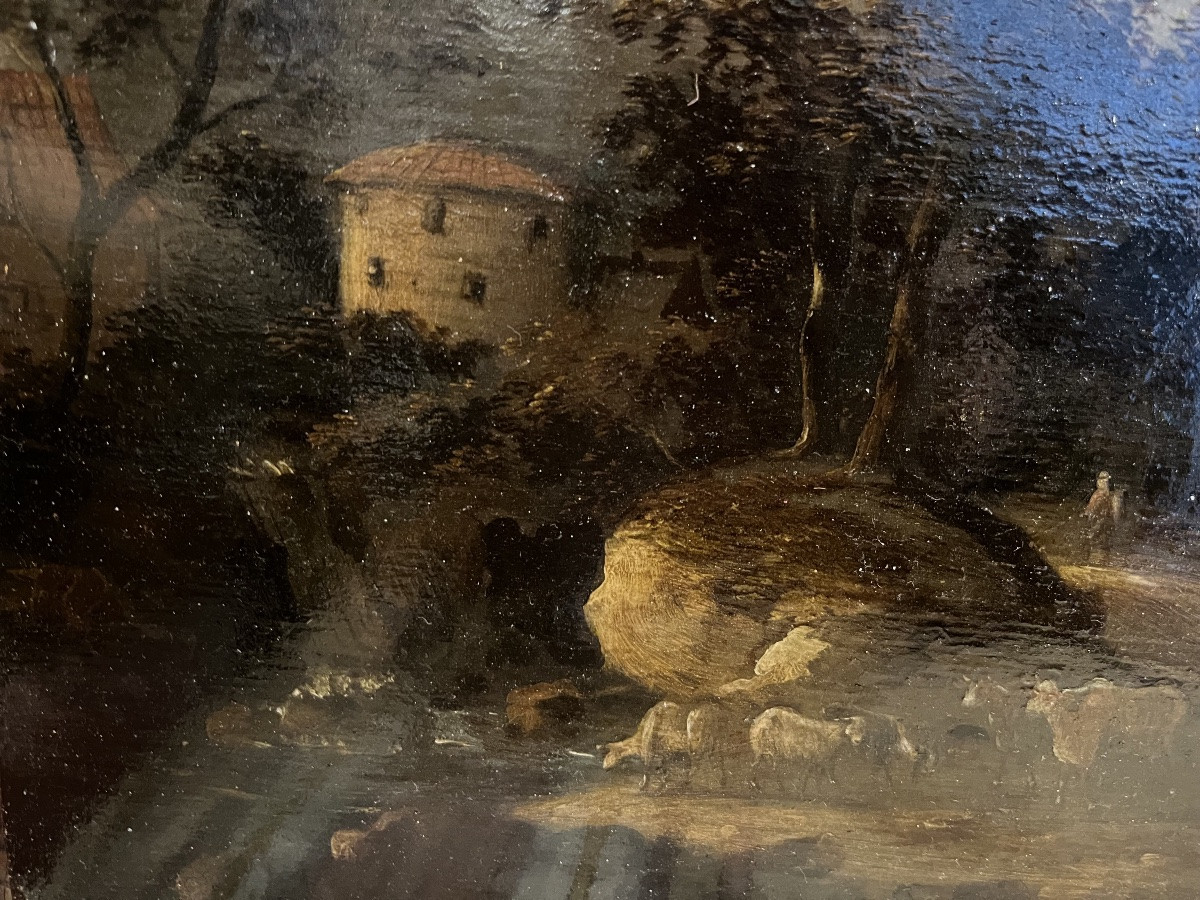 Grande huile sur panneau, paysage flamand, XVIIeme siècle.-photo-2