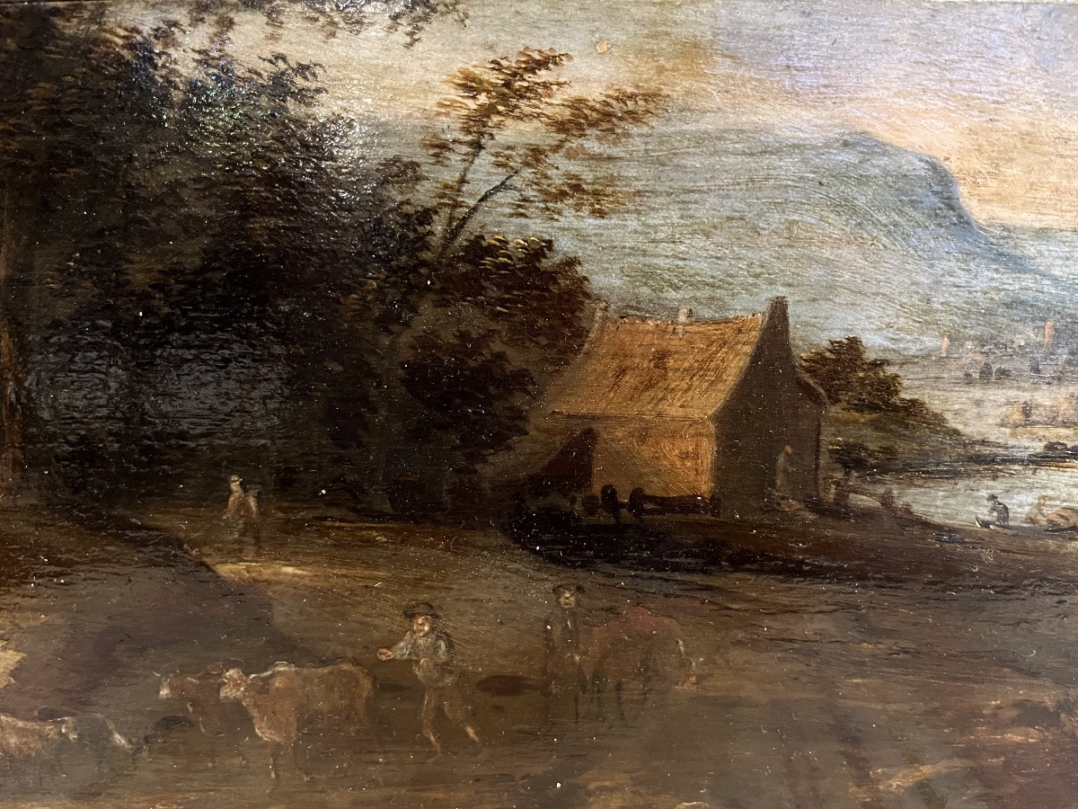 Grande huile sur panneau, paysage flamand, XVIIeme siècle.-photo-4