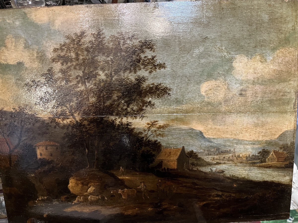Grande huile sur panneau, paysage flamand, XVIIeme siècle.-photo-1
