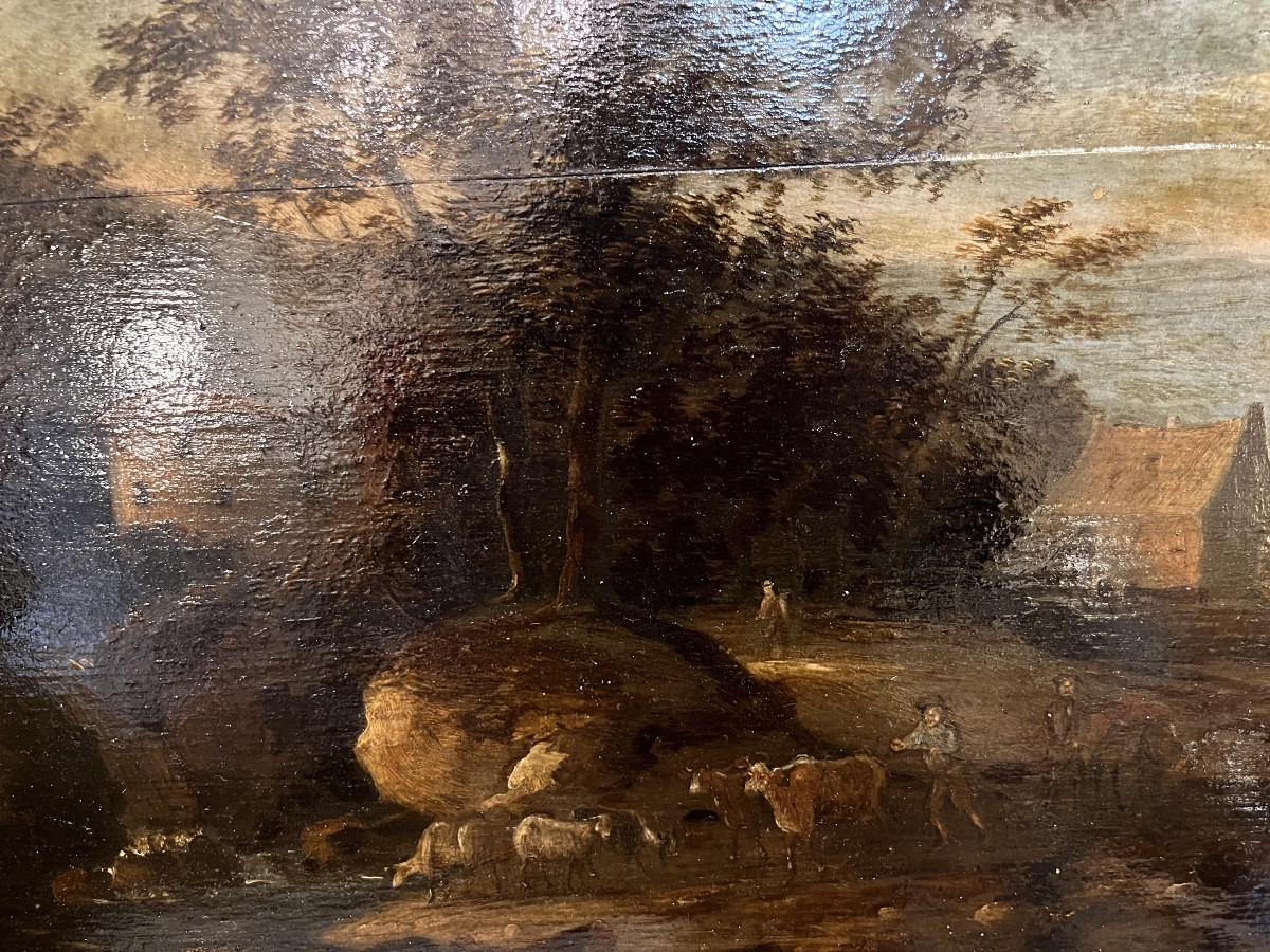 Grande huile sur panneau, paysage flamand, XVIIeme siècle.-photo-2