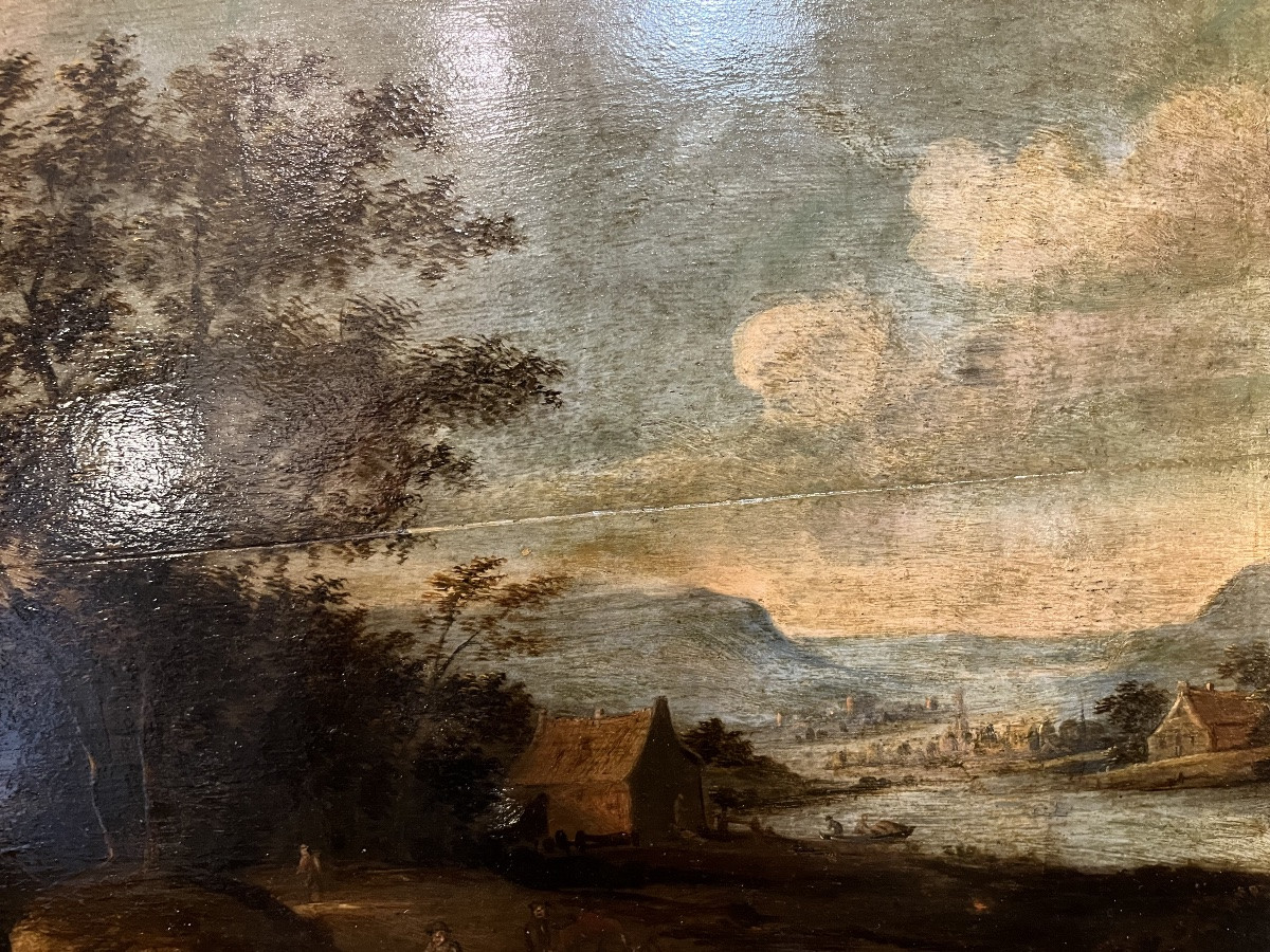 Grande huile sur panneau, paysage flamand, XVIIeme siècle.-photo-3