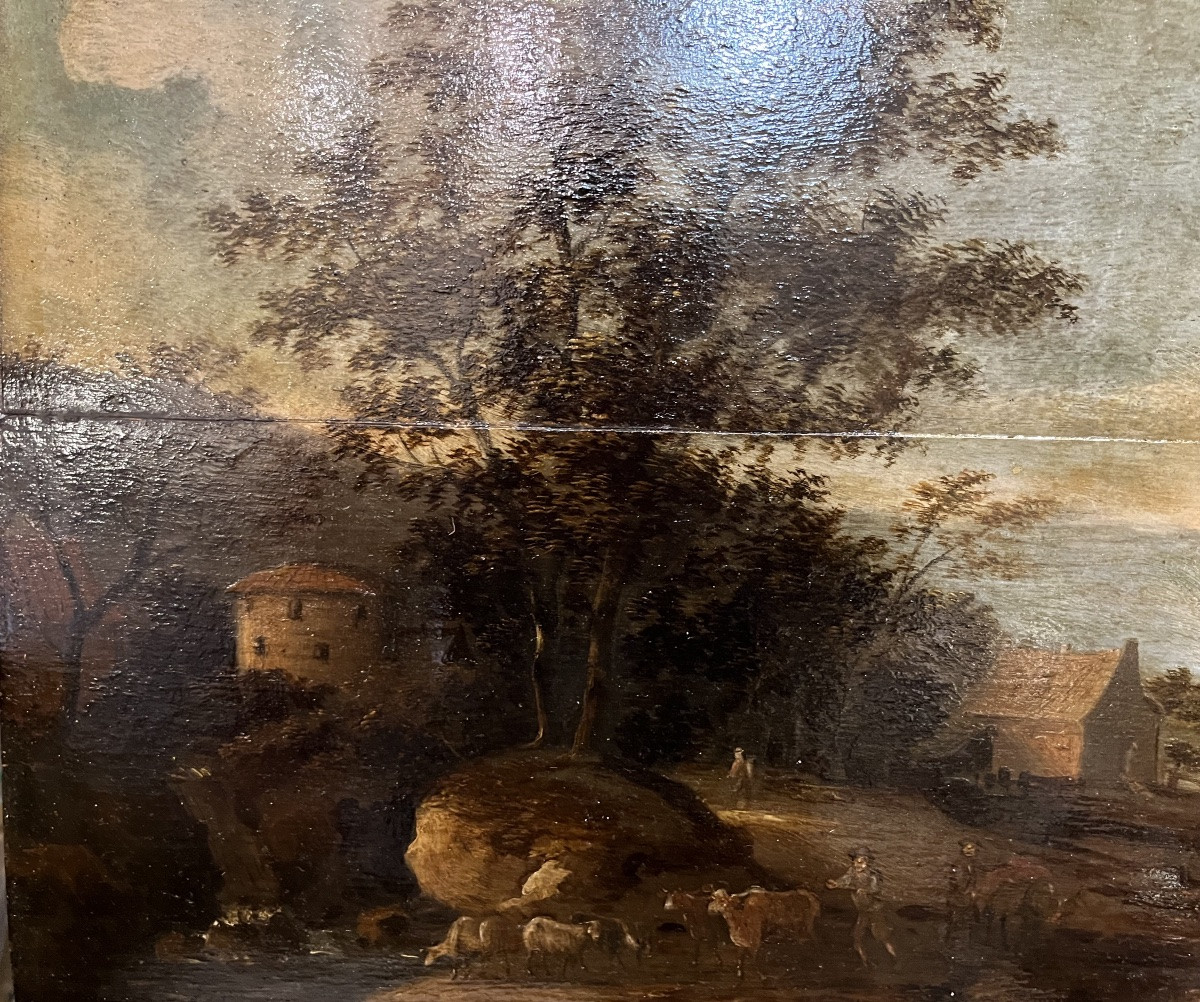 Grande huile sur panneau, paysage flamand, XVIIeme siècle.-photo-4