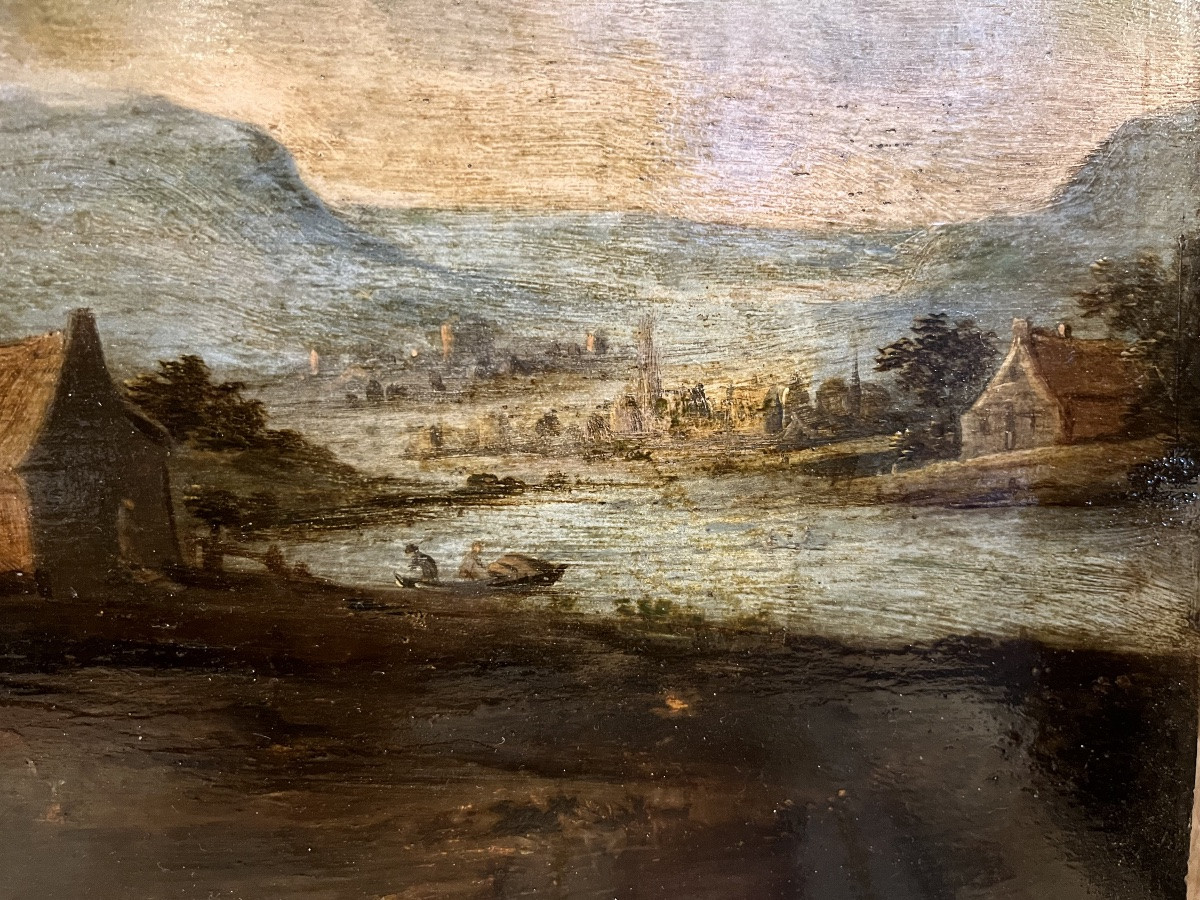 Grande huile sur panneau, paysage flamand, XVIIeme siècle.-photo-5