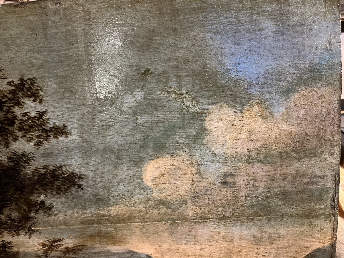 Grande huile sur panneau, paysage flamand, XVIIeme siècle.-photo-6