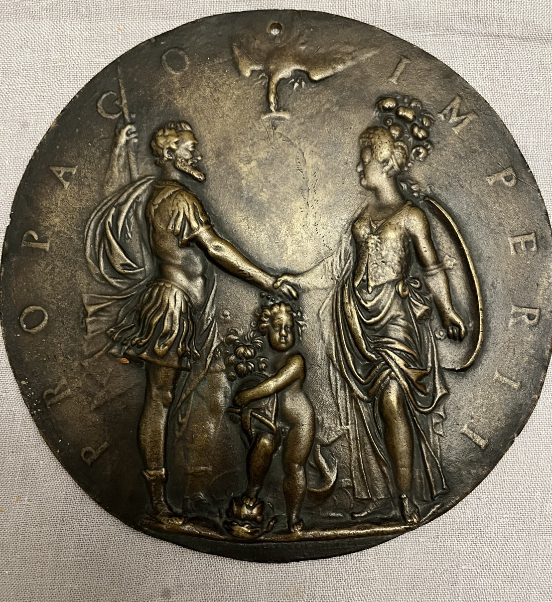 Large 17th-century Bronze Medal, Depicting Henry Iv, His Wife, And The Dauphin Between Them.