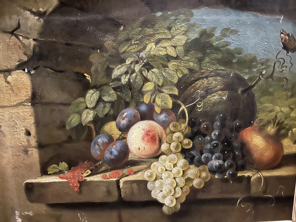 Grande huile sur toile, nature morte aux fruits. XIX eme siècle, France.-photo-2