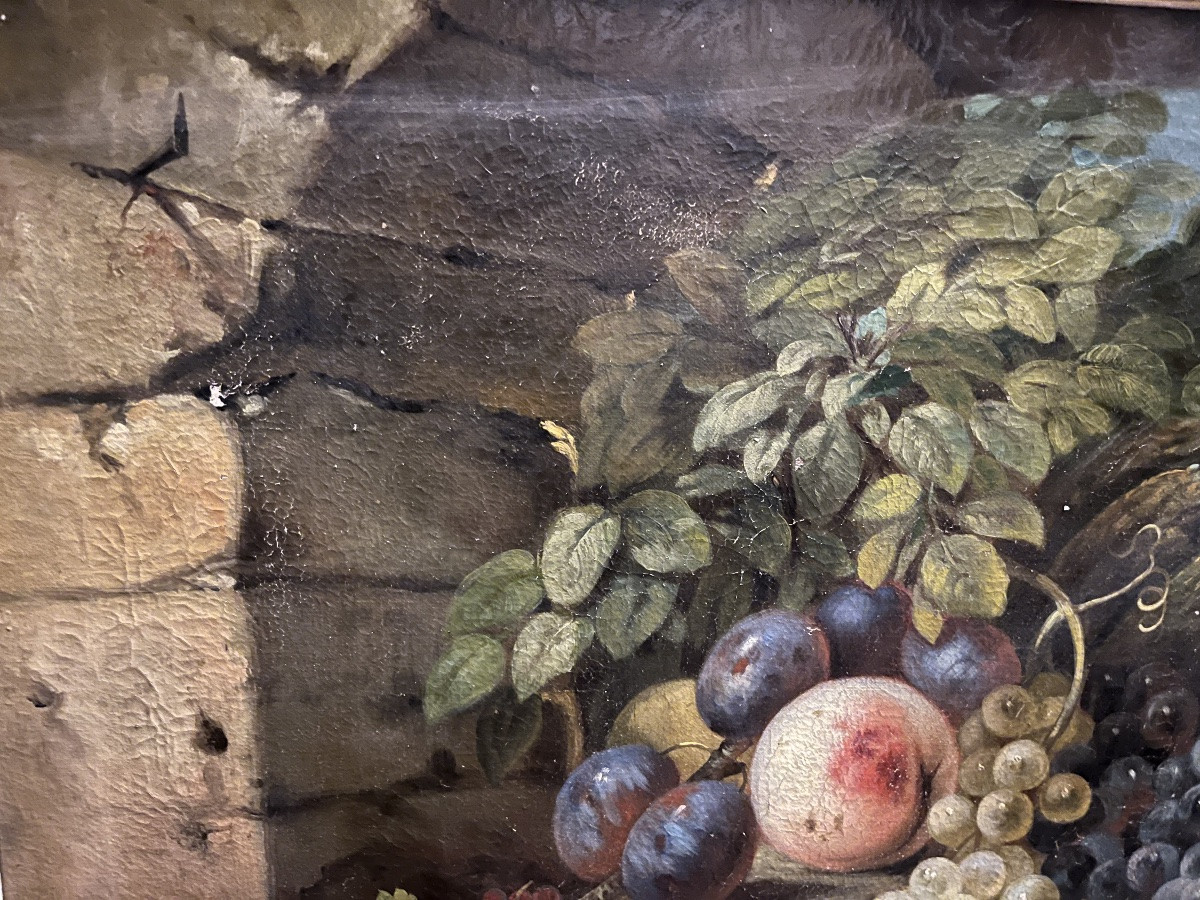 Grande huile sur toile, nature morte aux fruits. XIX eme siècle, France.-photo-1