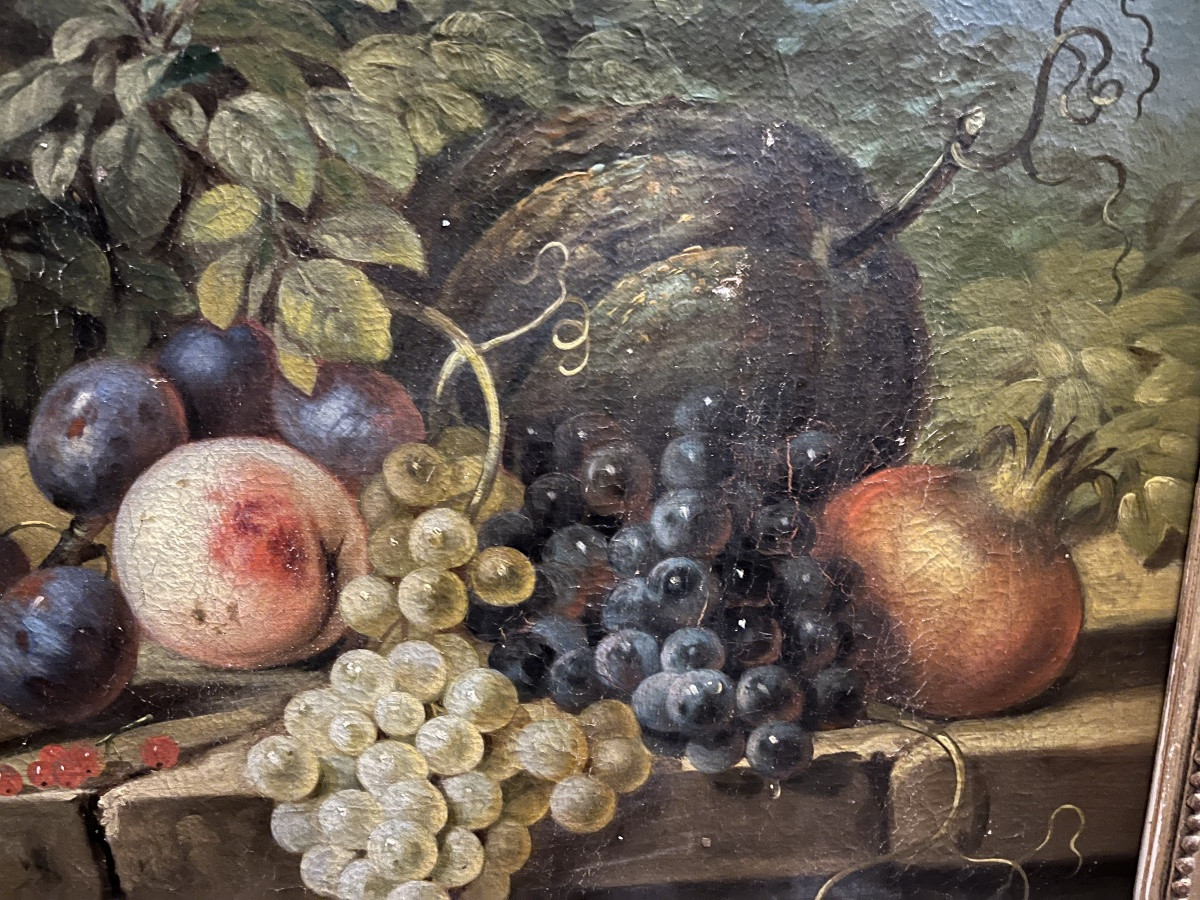 Grande huile sur toile, nature morte aux fruits. XIX eme siècle, France.-photo-3