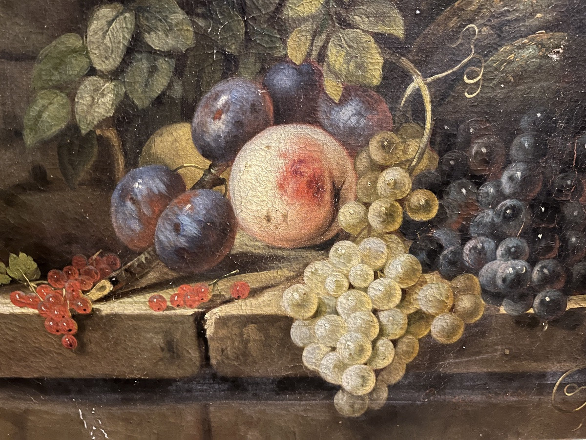 Grande huile sur toile, nature morte aux fruits. XIX eme siècle, France.-photo-4