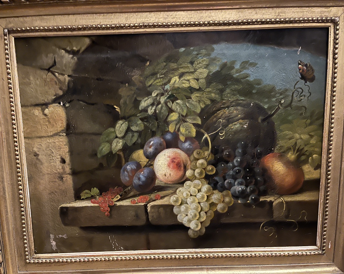 Grande huile sur toile, nature morte aux fruits. XIX eme siècle, France.