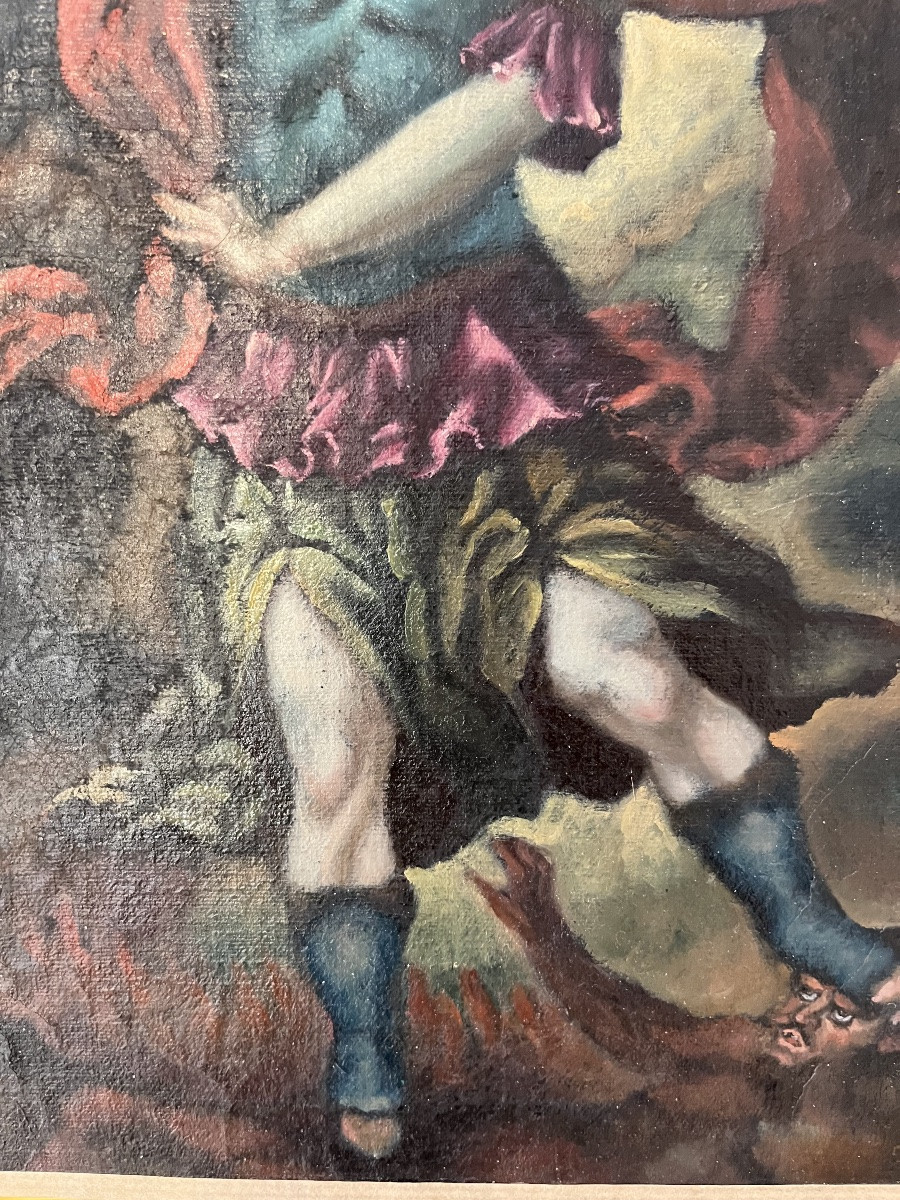 Huile sur toile, école de Cuzco, St Michel terrassant le dragon. Fin XVII eme. -photo-4
