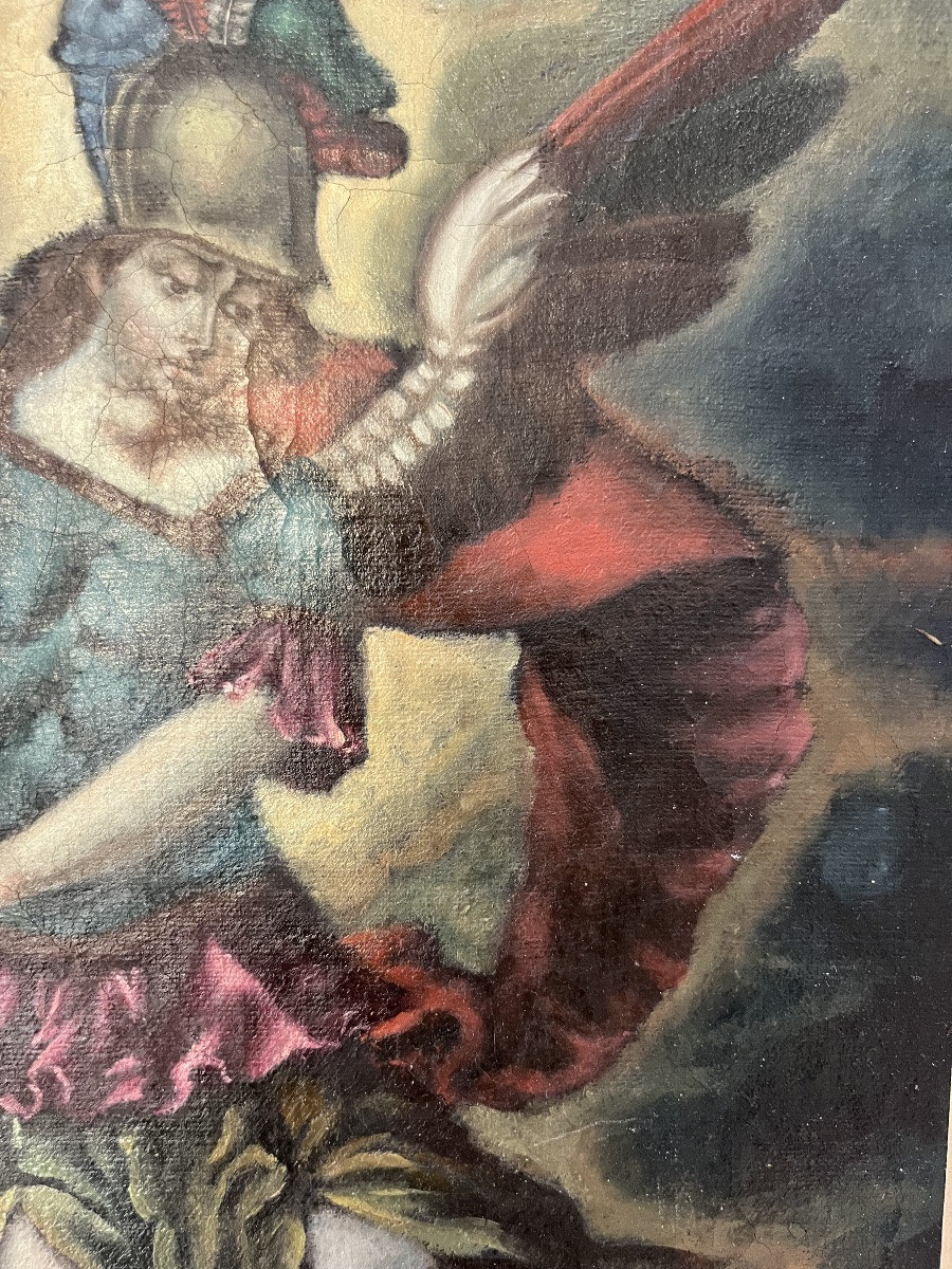 Huile sur toile, école de Cuzco, St Michel terrassant le dragon. Fin XVII eme. -photo-2
