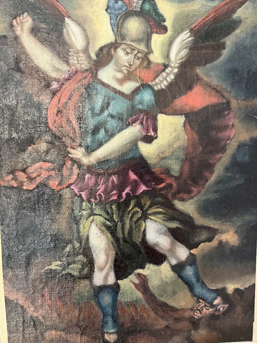Huile sur toile, école de Cuzco, St Michel terrassant le dragon. Fin XVII eme. -photo-3
